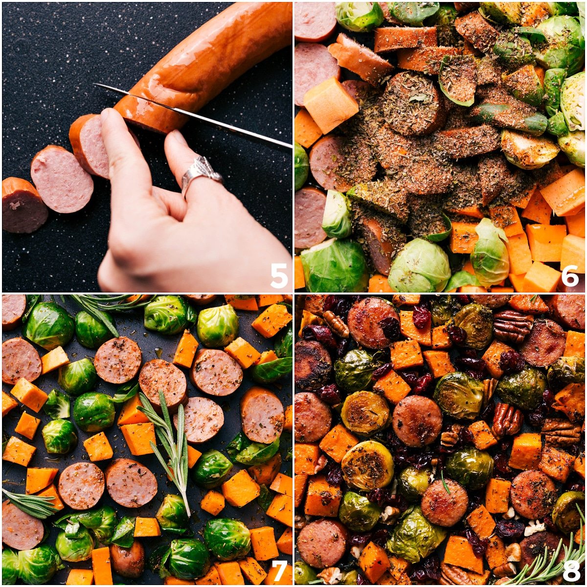 Slicing the sausage and adding all ingredients to the sheet pan.