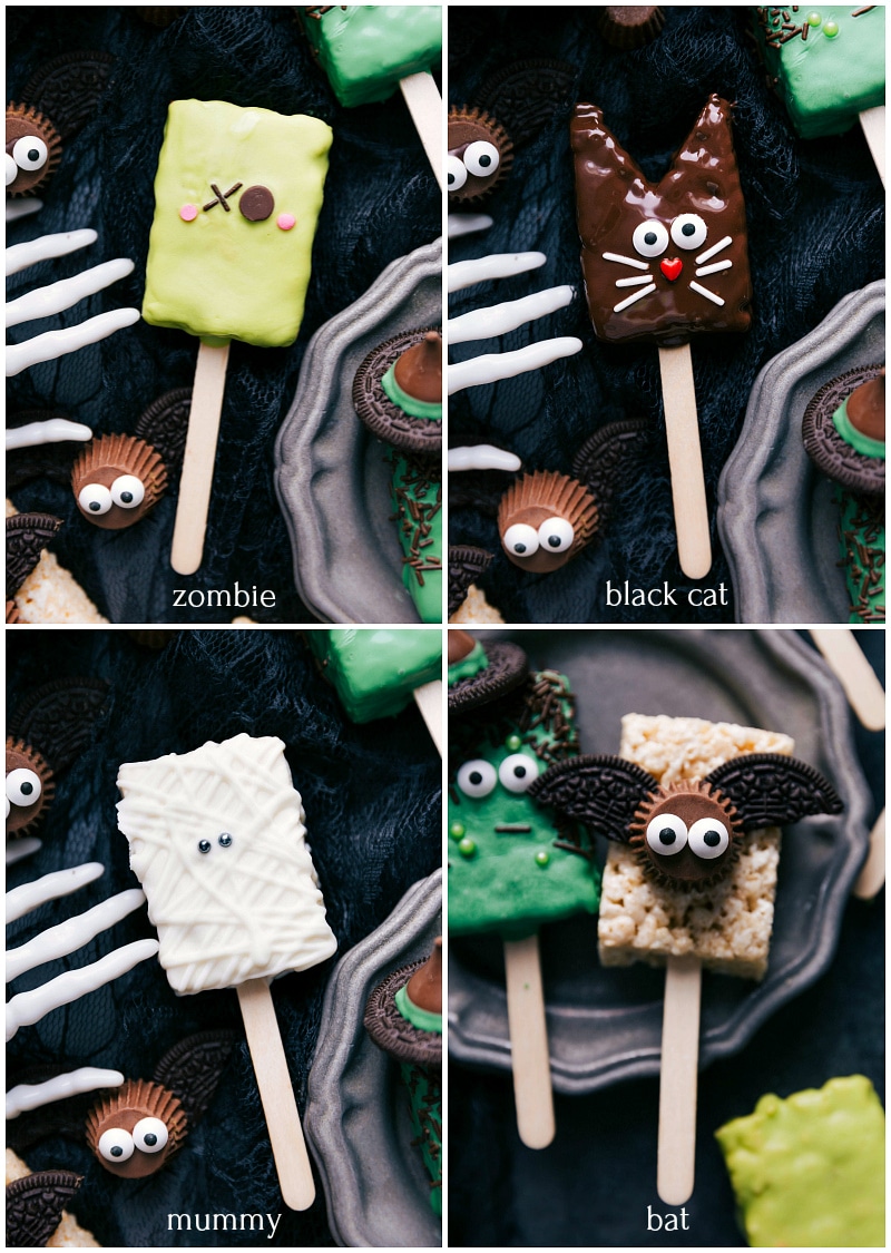 Rice krispie halloween treats on sticks shaped like a zombie, black cat, mummy, and bat.