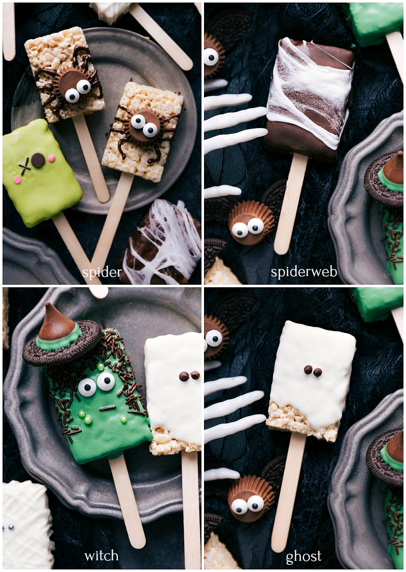 The completed halloween rice krispie treats recipe featuring creatively decorated spider, spiderweb, witch, and ghost treats.