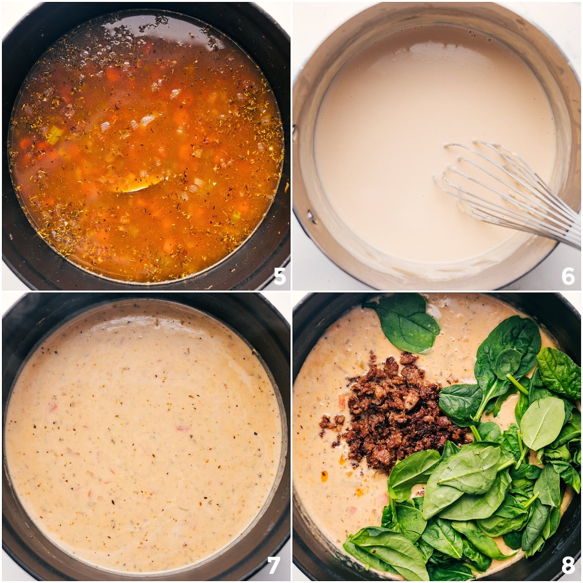 Broth mixed with sautéed vegetables, followed by cream sauce, sausage & spinach for Italian Sausage Tortellini Soup.