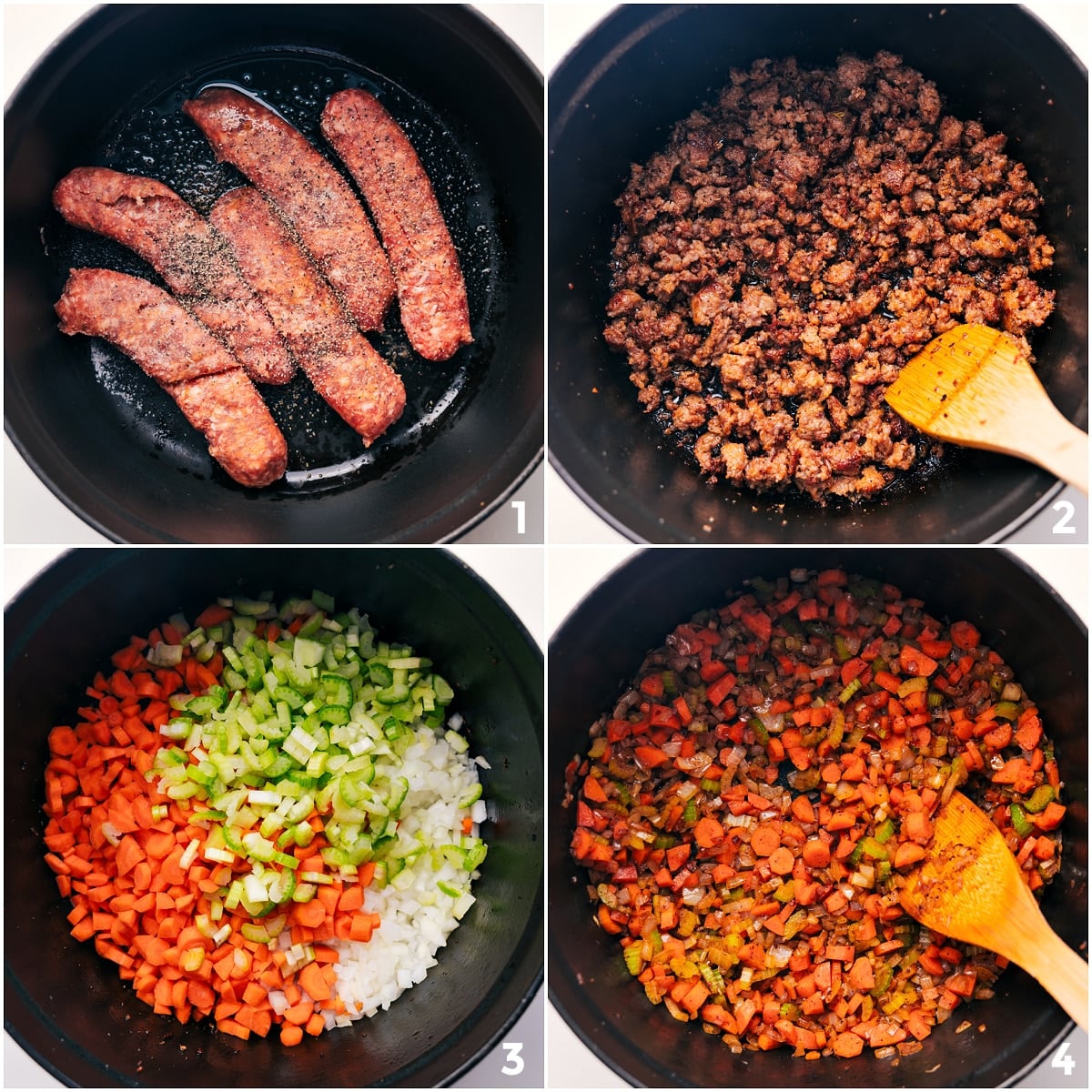The sausage being cooked through and browned and then the veggies being sautéed.