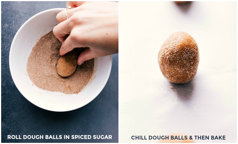 Dough balls of the best pumpkin cinnamon roll cookies being rolled in cinnamon sugar and placed on a baking pan.