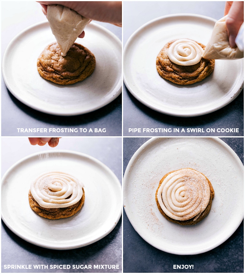 Process shots-- images of the frosting being piped on top of the cookie and the spiced sugar mixture being added on top.