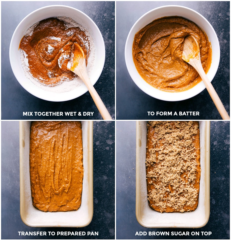 Mixing the batter, pouring it into a loaf pan, and topping it with brown sugar.