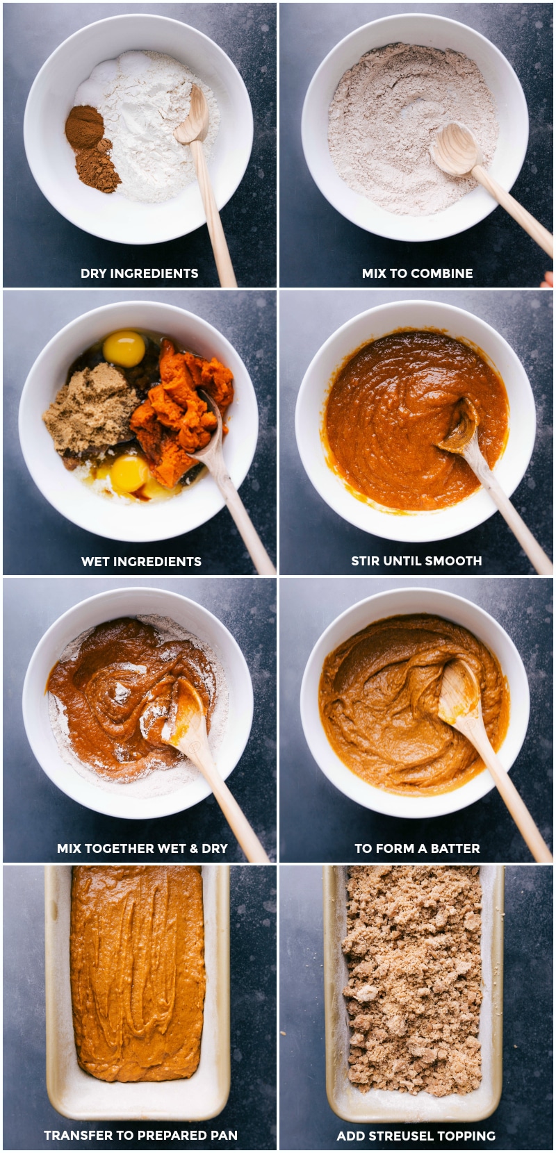 Process shots-- images of the wet and dry ingredients being combined and mixed together; ingredients being added to a prepared pan; and the streusel being added on top.