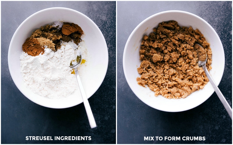 Process shots-- images of the streusel ingredients in a bowl being mixed together.