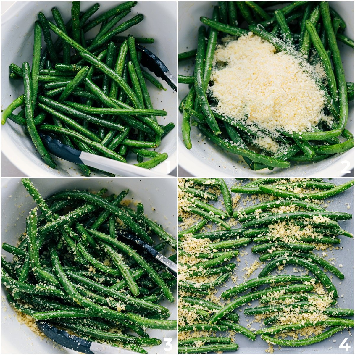Toss the green beans with oil, seasonings, parmesan, and panko, then spread them on a sheet pan for roasting.