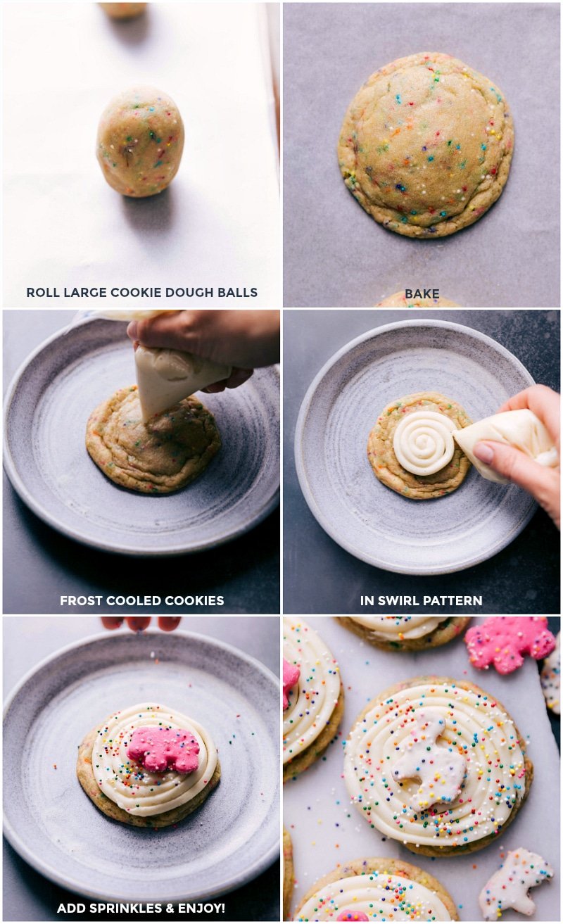 Cookies being baked, frosting being piped on, and animal crackers being added on top, creating the cutest and most delicious circus animal cookie.