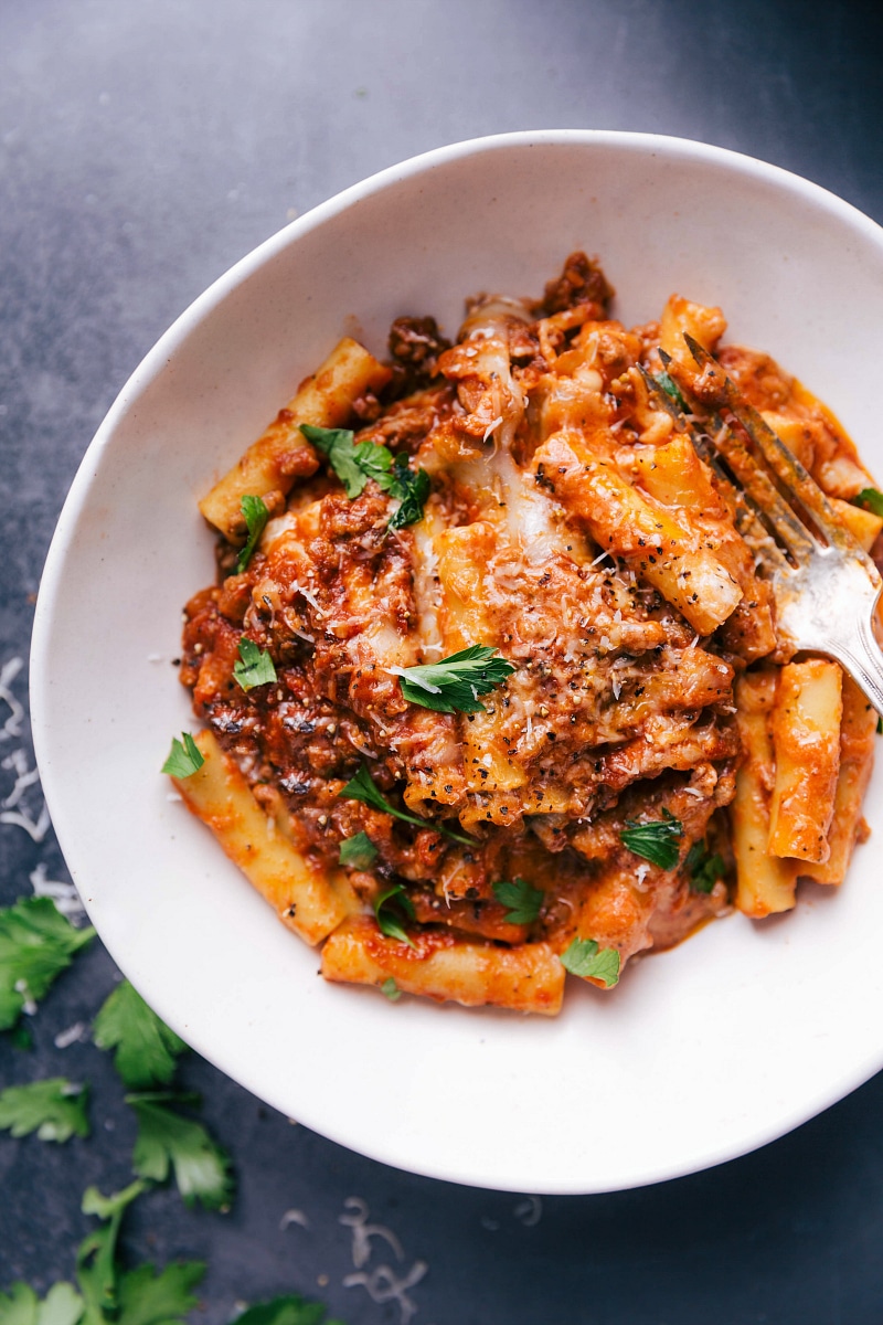 Overhead view of a bowl filled with Baked Ziti.