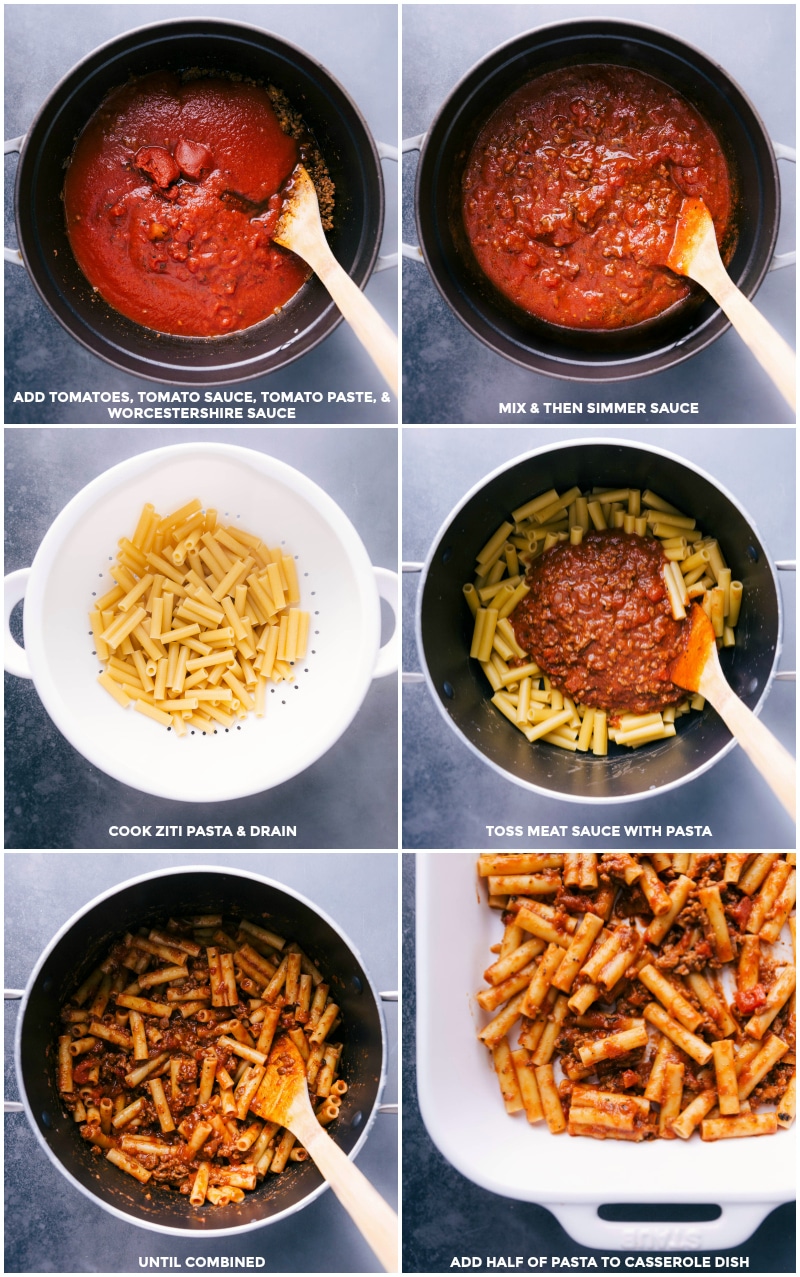 Combining tomatoes, sauce, paste, and Worcestershire sauce to simmer; cooked pasta being drained and tossed with meat sauce, then half added to a casserole dish.