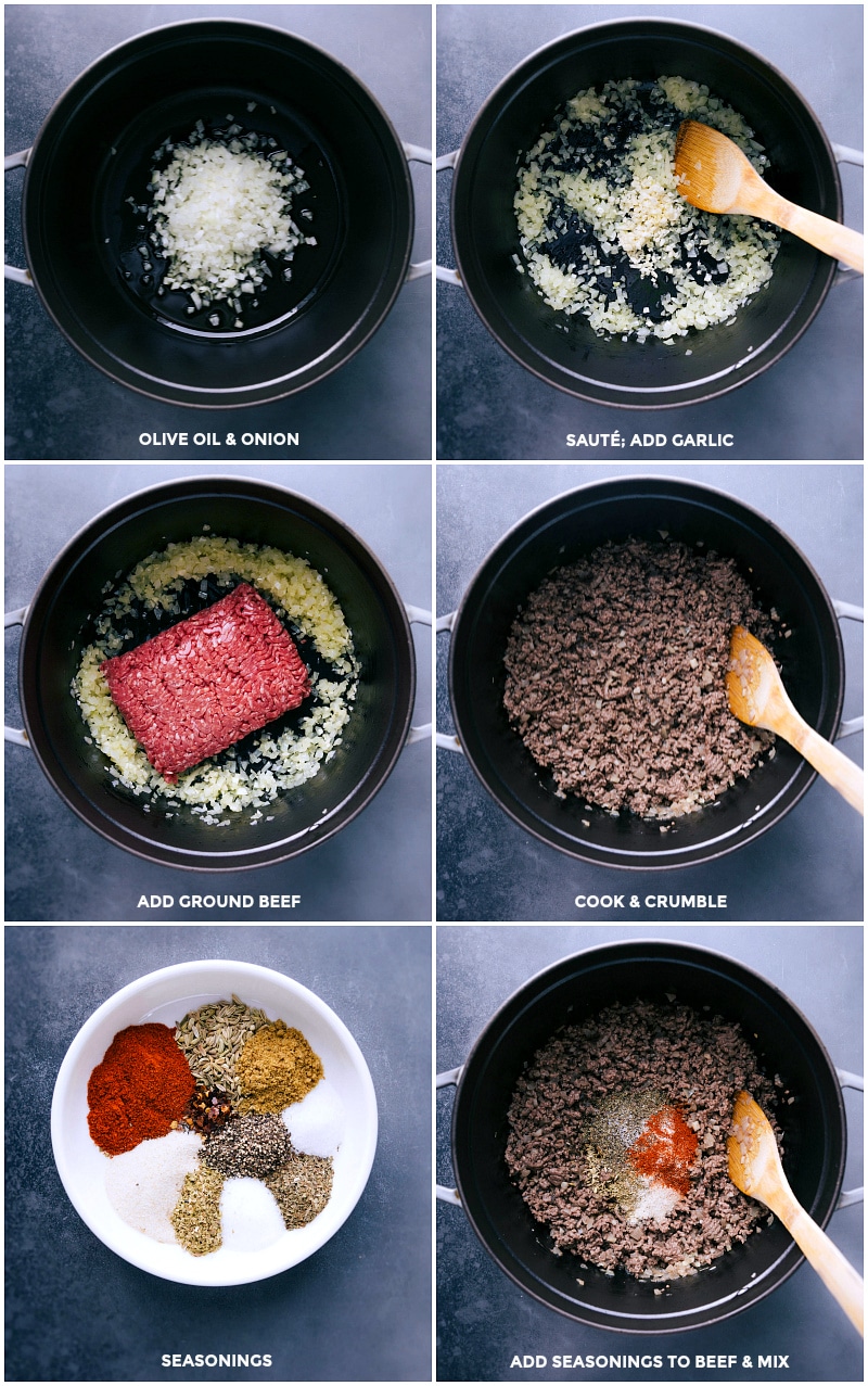 Process shots: sautee onion and garlic in olive oil; add ground beef; cook and crumble. Mix seasonings and add to the pan.