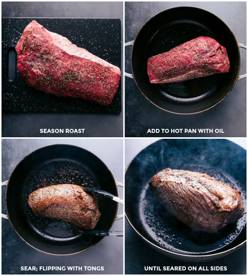 Process shots: seasoning the beef roast; searing it in a pan with oil.