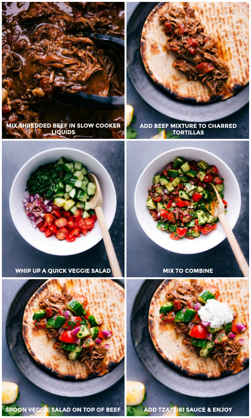 Adding the seasoned meat mixture to charred pitas; preparing a fresh veggie salad; spooning the salad over the meat; finishing with tzatziki sauce to complete the perfect beef gyro recipe.