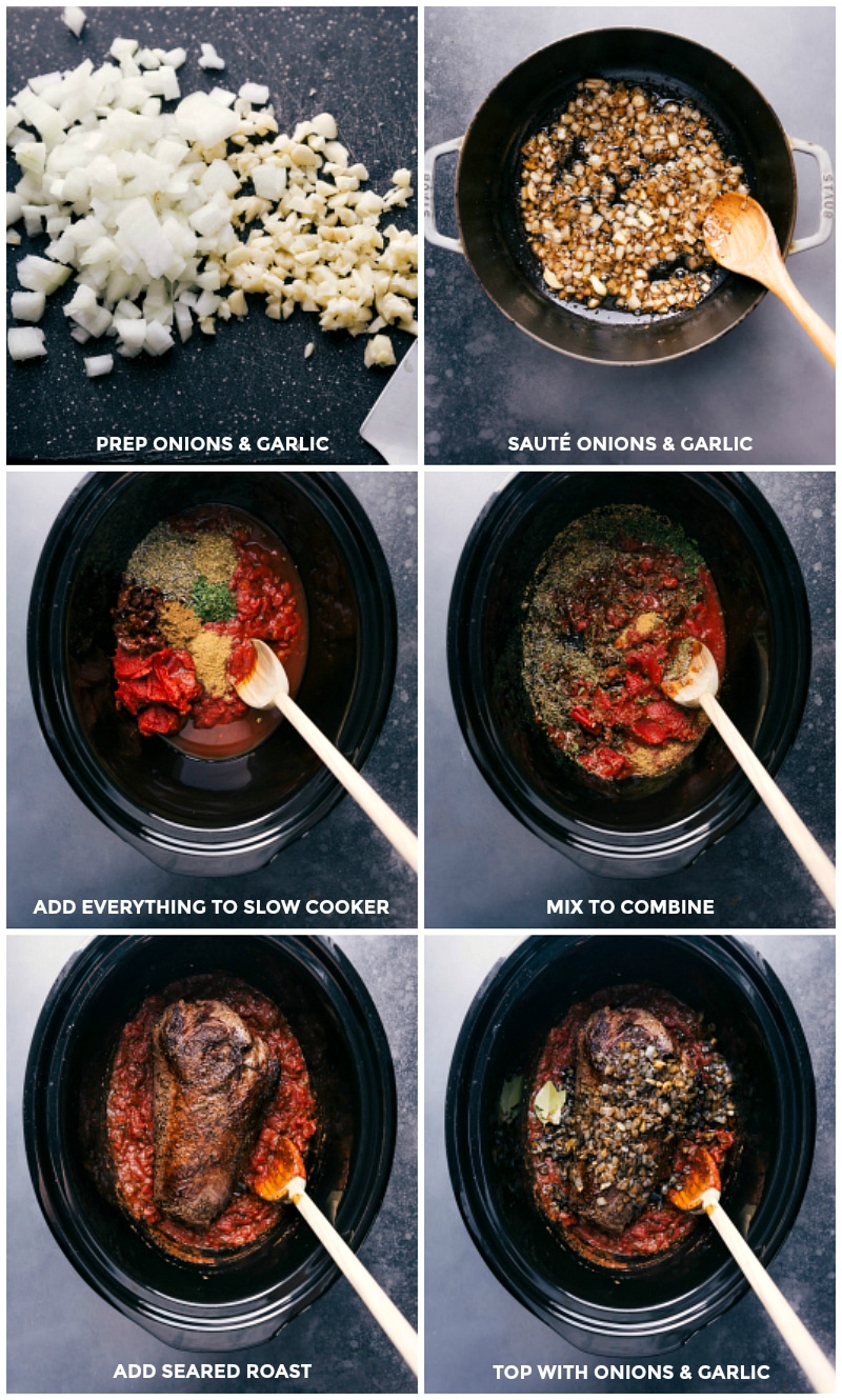Prepping onion and garlic; sautéing in a pan; adding all ingredients to the slow cooker; mixing to combine; adding seared meat; topping with onions and garlic.