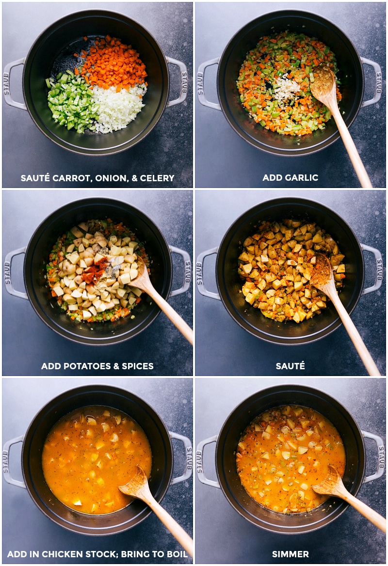 Process shots-- images of the veggies being sautéed, seasonings and potatoes being added, everything being sautéed and then chicken stock being added and brought to a boil