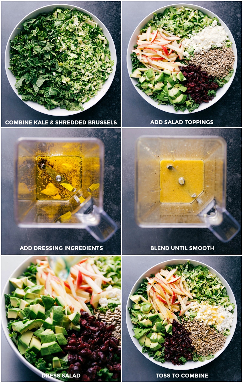 Process shots-- images of the kale, shredded Brussels, and salad toppings being added to a bowl; and the dressing ingredients being blended.