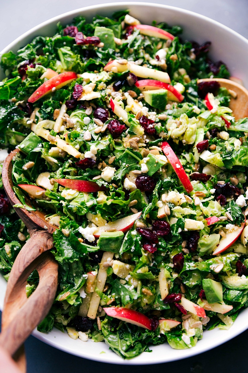 Up-close overhead image of Brussels Sprout Salad dressed and about to be served.