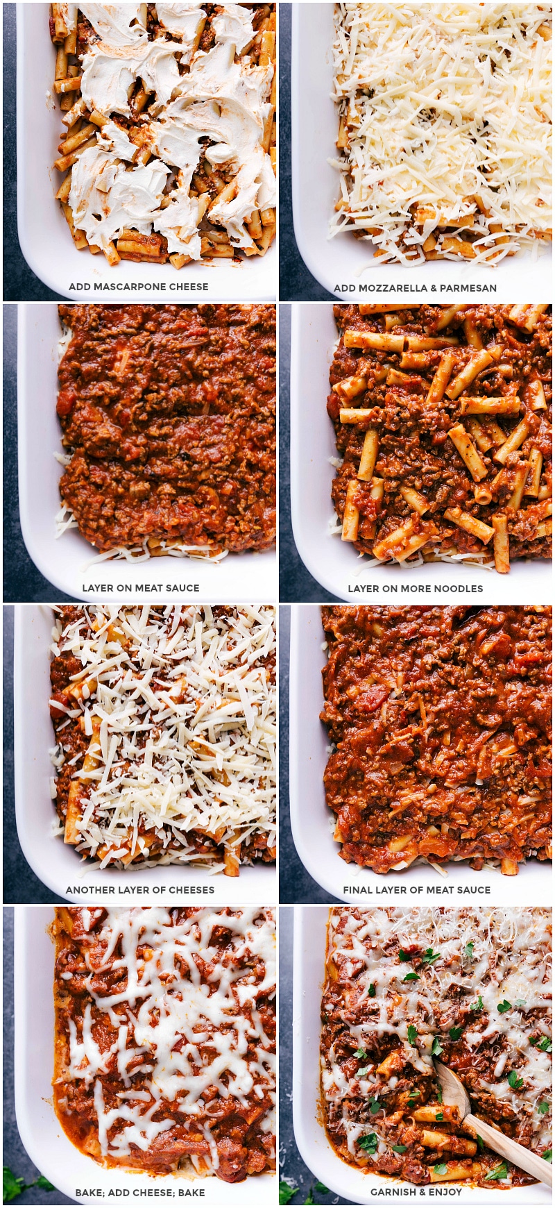 Process shots: add mascarpone to the first layer of pasta; top with mozzarella and Parmesan cheese; layer on two more layers of meat sauce and cheeses; cover and bake, add more cheese and garnish.