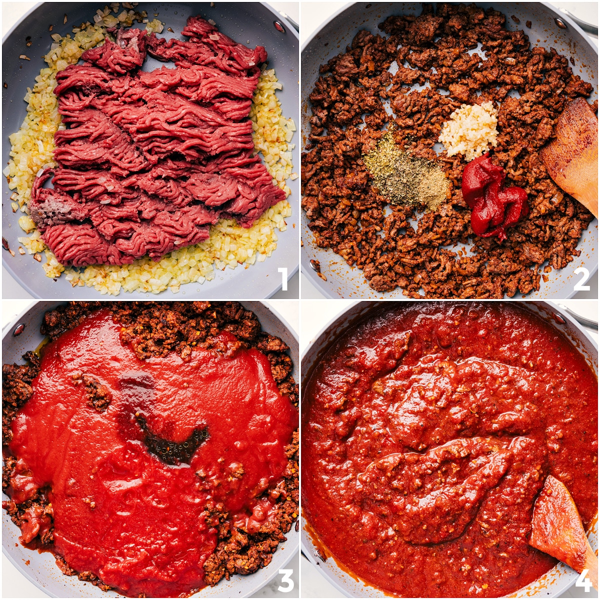 Preparing Baked Pasta Dish: Sauce Simmering and Pasta Layering Onions being sautéed before ground beef is browned with seasonings, garlic, tomato paste, and tomato sauce to create the rich meat sauce for this Baked Ziti Recipe.