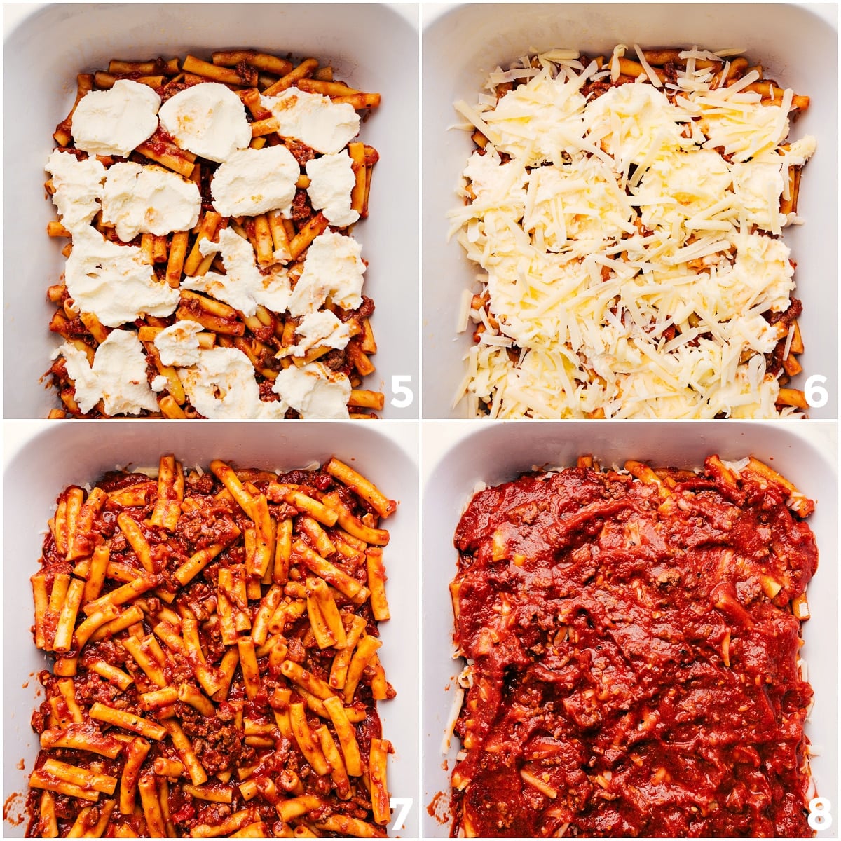 Layering The Baked Ziti Recipe The Baked Ziti Recipe being layered into a baking dish with pasta, mascarpone, and cheese, then repeated to create rich, cheesy layers.
