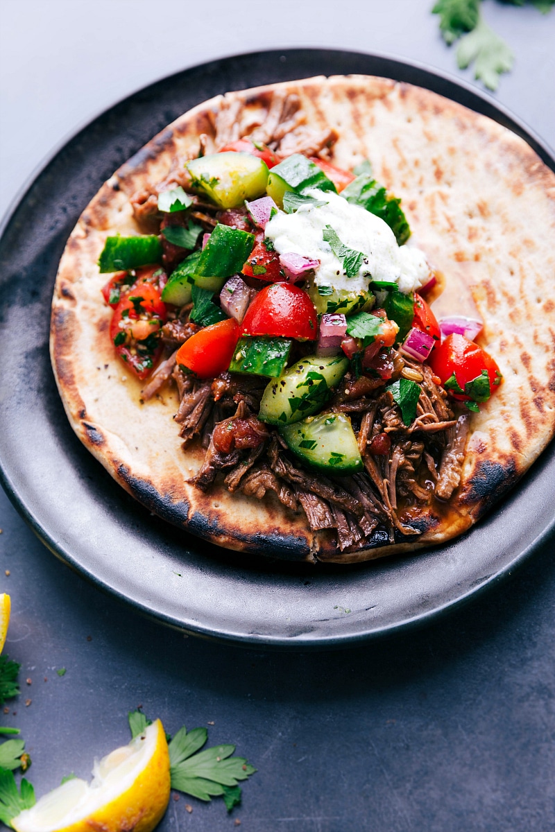 Overhead view of Beef Gyro on a pita bread.