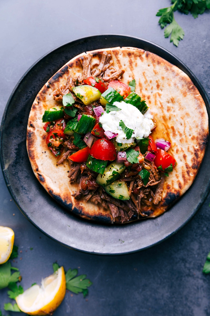 Overhead of the fully loaded Beef Gyro, ready to fold and eat.