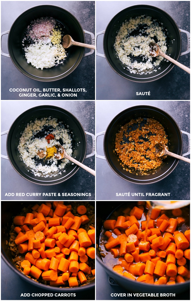 Process shots-- images of the onion, garlic and shallots being sautéed; the seasonings being added; and the chopped carrots being added with vegetable broth in the pot.