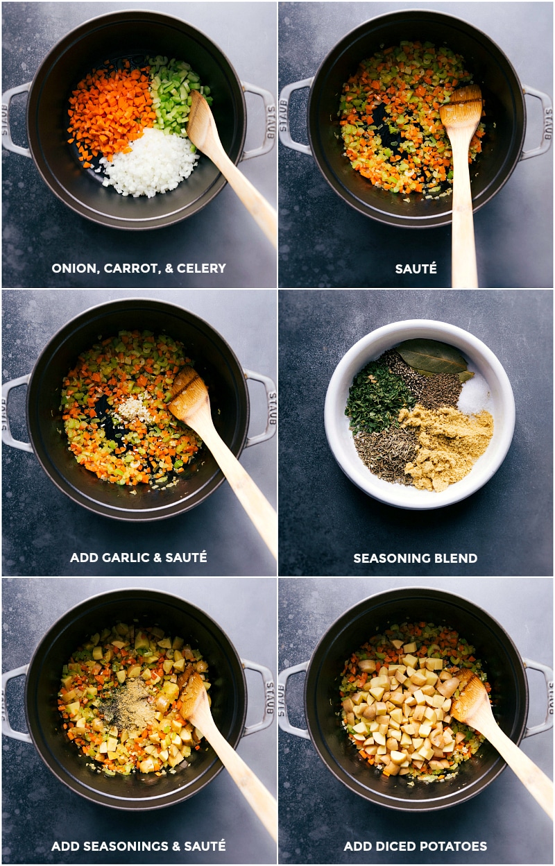 Process shots-- images of the veggies being sautéed; the seasonings being added; and then potatoes being added and cooked.