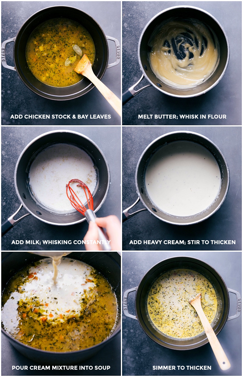 Cream sauce being made and added to the chicken pot pie soup recipe.