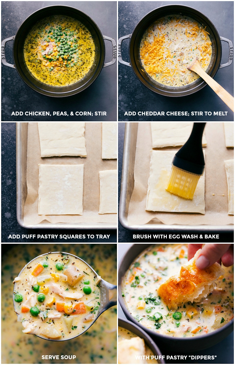 Process shots-- images of the frozen peas and corn, chicken, and cheese being added to the pot; puff pastry squares being prepped to cook; and then the soup being served.