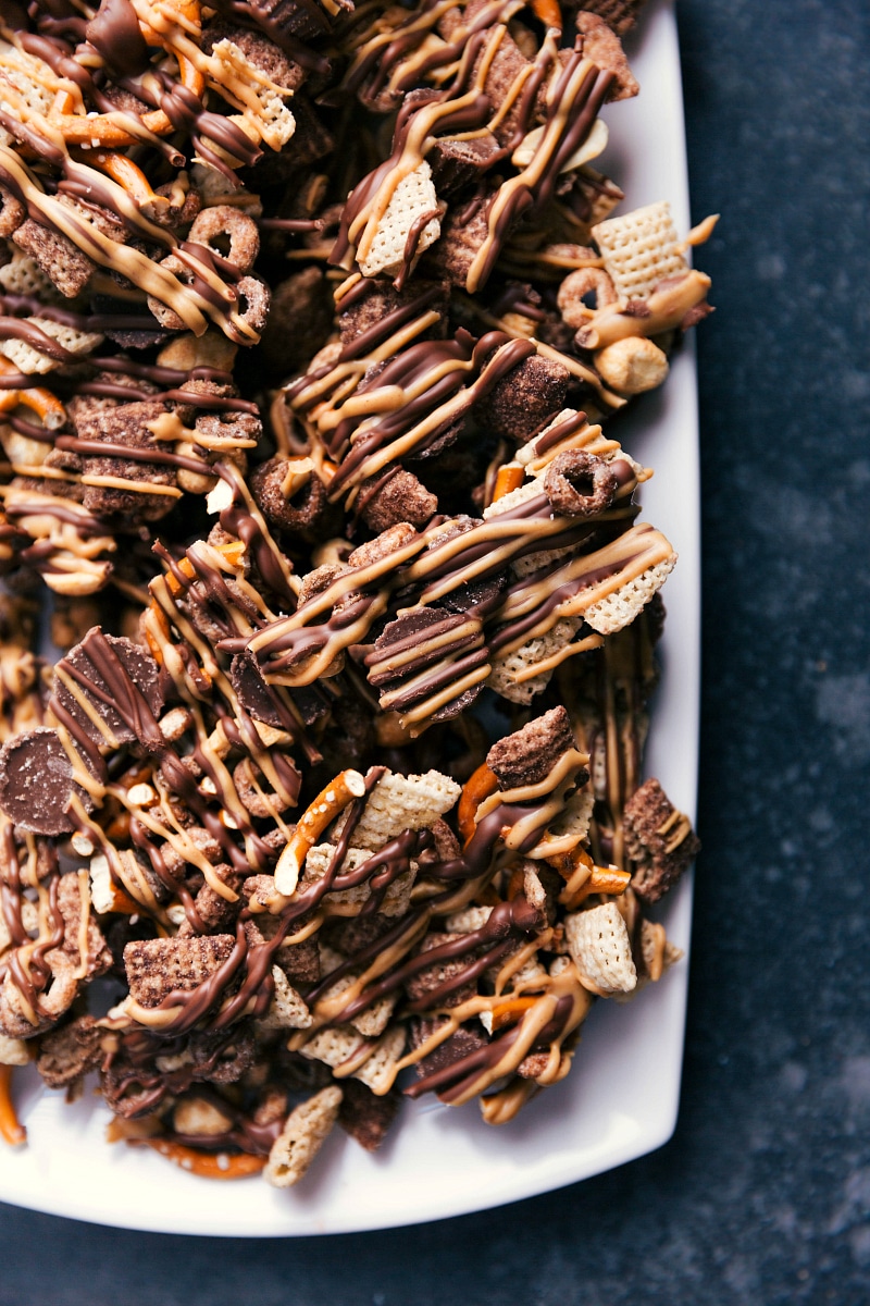 Chocolate peanut butter snack mix in a bowl, offering a perfect blend of flavor and crunch.