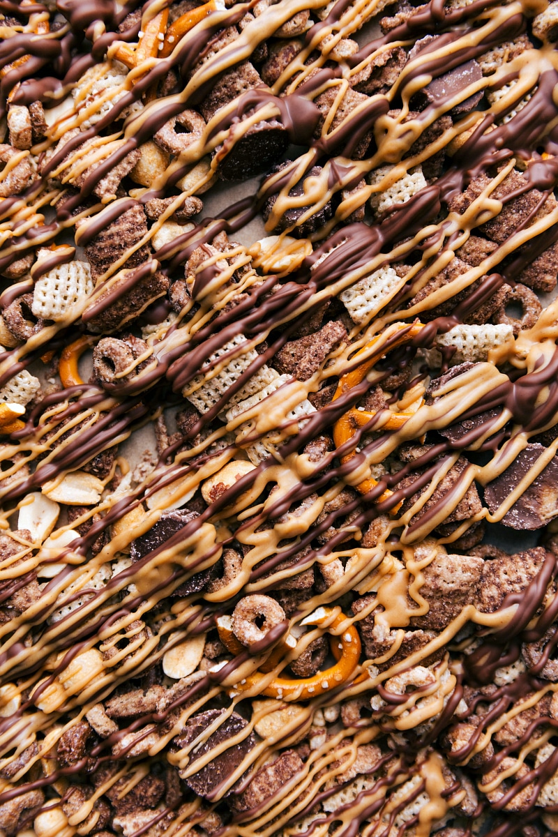 Finished chex mix chocolate peanut butter snack mix, packed with delicious ingredients, ready for enjoyment.