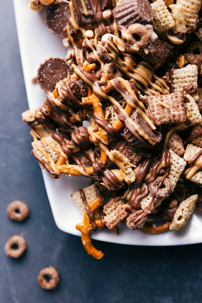 Overhead image of Chocolate-Peanut Butter Snack Mix on a platter, ready to be served.