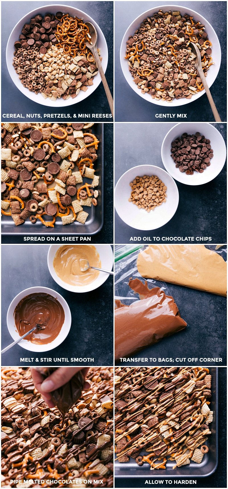 Ingredients combined in a bowl with melted chocolate and peanut butter chips drizzled over the top.