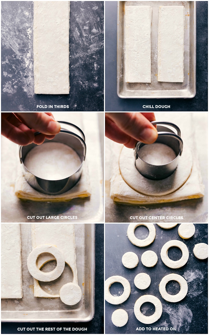 Folding puff pastry into thirds, chilling, cutting into circles, and frying in hot oil.