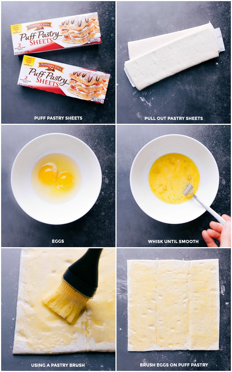 Puff pastry sheets being brushed with beaten eggs for a golden finish.