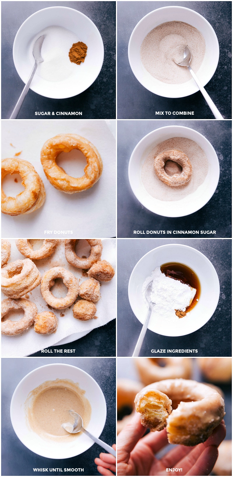 Process shots: combine the sugar and cinnamon; fry the pastry; roll in cinnamon-sugar mixture; combine glaze ingredients; drizzle on the Cronut.