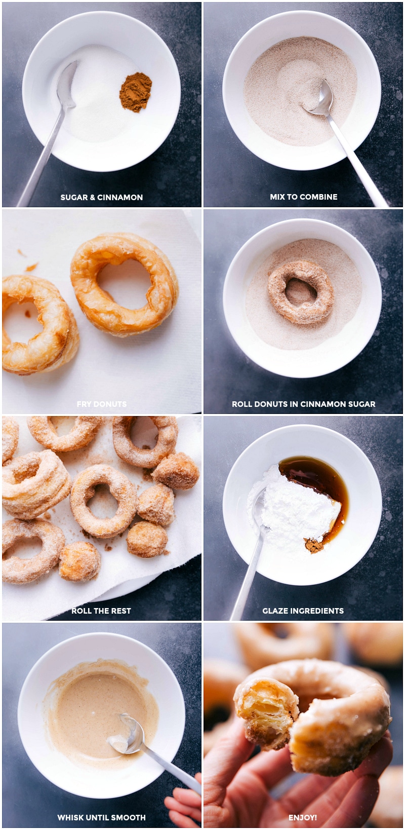 Frying pastry, rolling in cinnamon-sugar, and drizzling the cronuts with a delicious glaze.