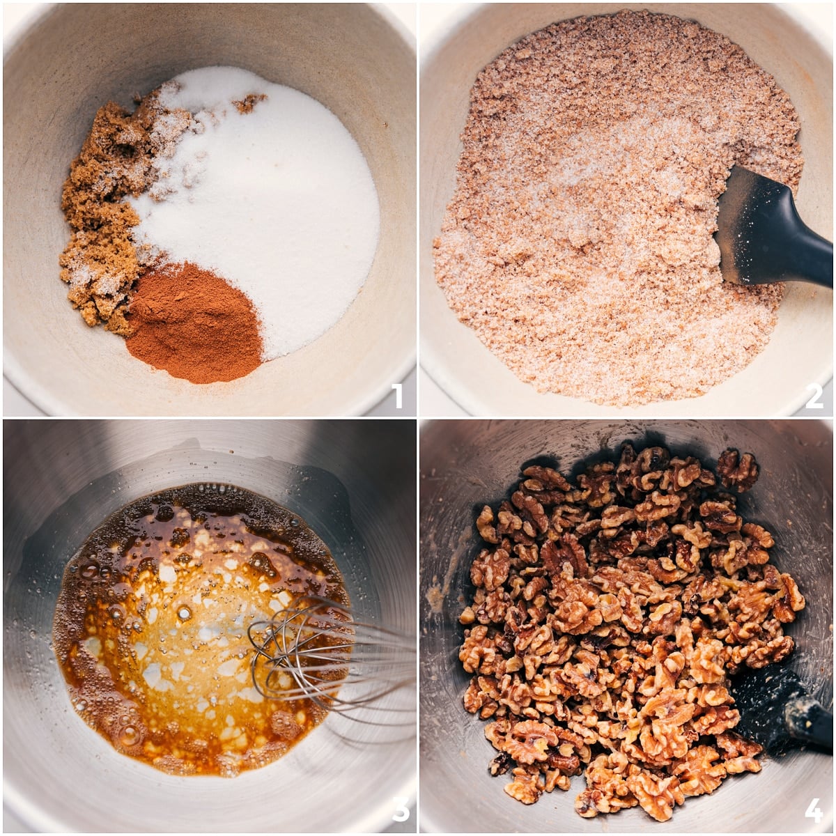 Cluster of Candied Walnuts Sugar and spices mixed in one bowl, egg whites and vanilla whisked in another, then walnuts tossed with both mixtures for candied walnuts.