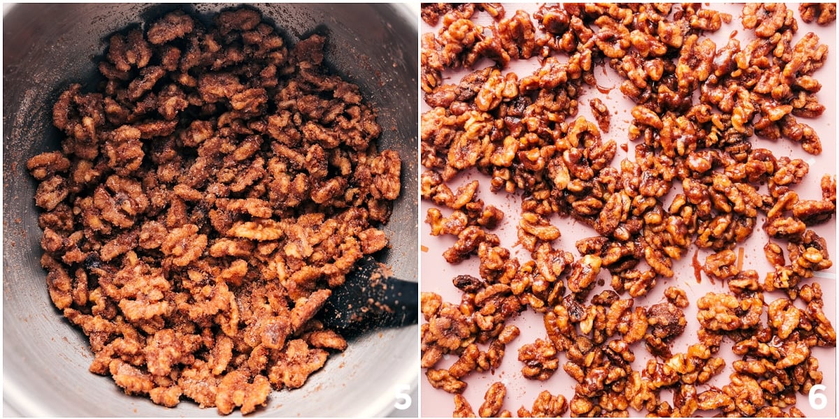 Tossing everything together in a large bowl and spreading on a pan and baking.
