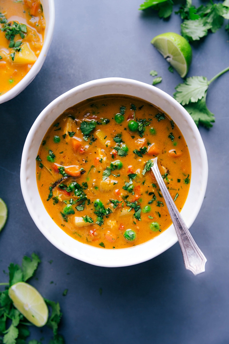 Overhead view of a bowl of Chicken Curry Soup.