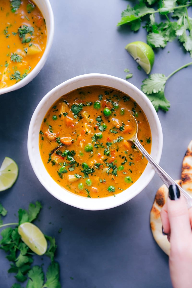 Overhead view of a bowl of Chicken Curry Soup.