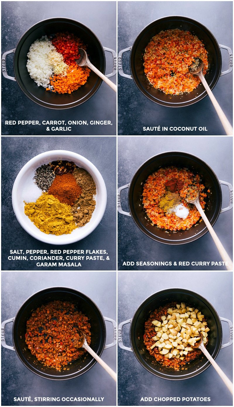 Process shots: brown the red pepper, carrot, onion, ginger and garlic in coconut oil; combine seasonings; add to the browned veggies along with red curry paste; stir and sauté; add potatoes.