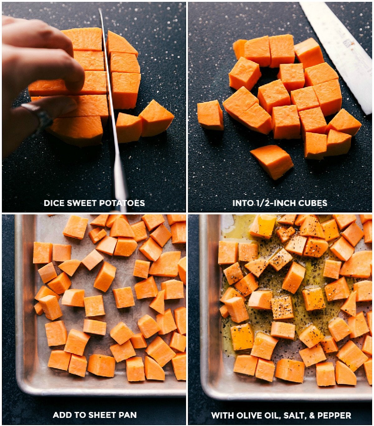 Roasting the sweet potatoes for this fall salad recipe.