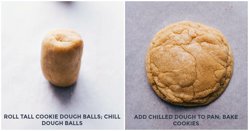 Image of cookie dough rolled into tall cylinders; image of the baked cookie.