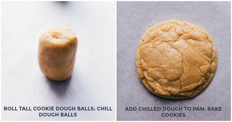 Image of cookie dough rolled into tall cylinders; image of the baked cookie.