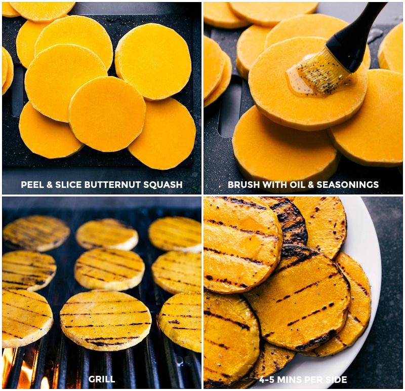 Process shots--images of the butternut squash being prepped and grilled for the Harvest Bowl