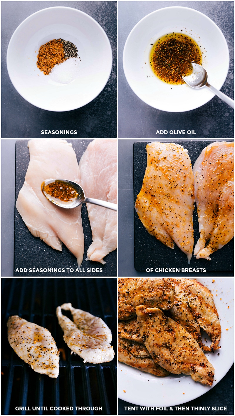 Process shots--Combining seasonings for the chicken; add olive oil; spread over the chicken; grill until cooked through; tent with foil before slicing.