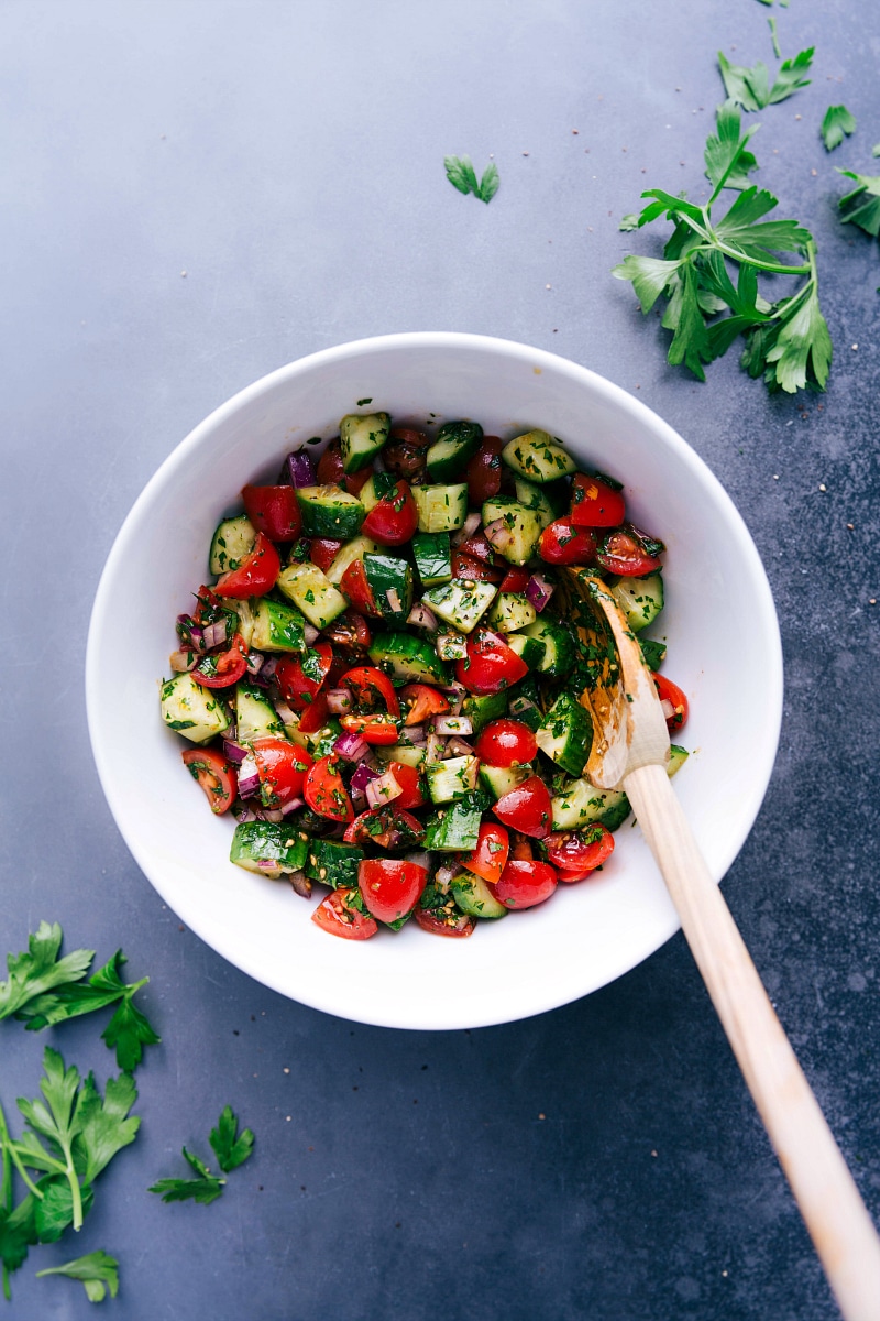 Israeli Salad in a serving bowl.