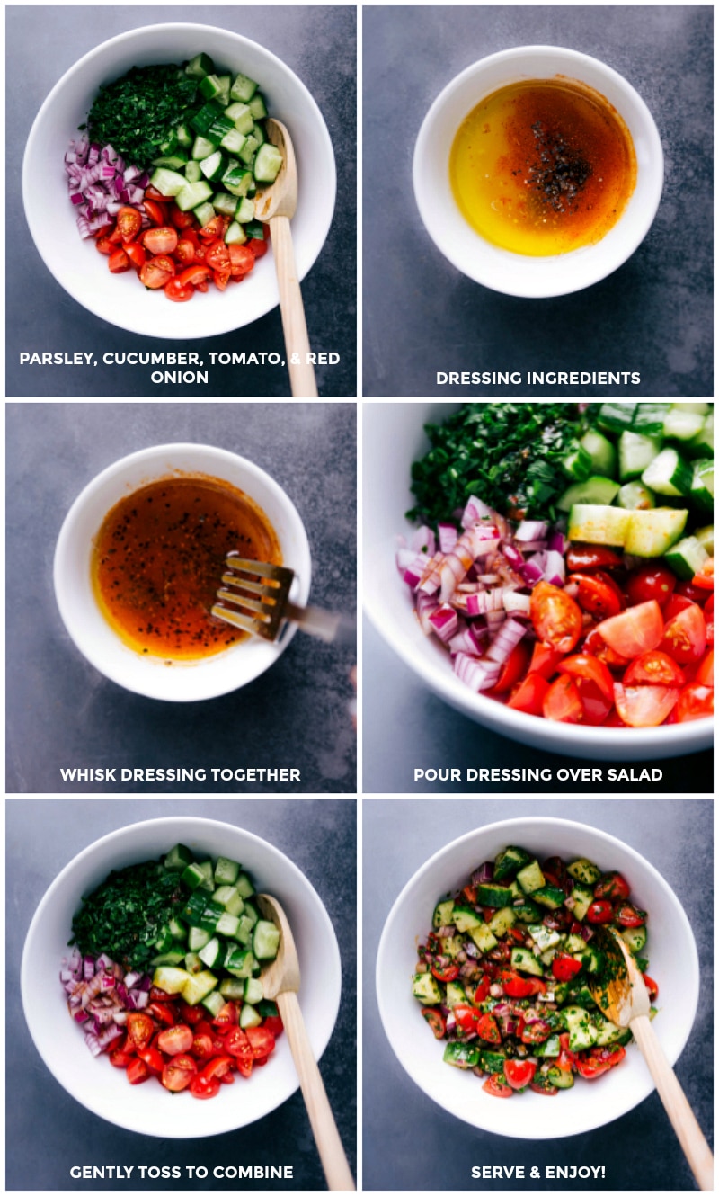 Process shots: Combine vegetables; make the dressing; pour dressing over salad; toss to combine.